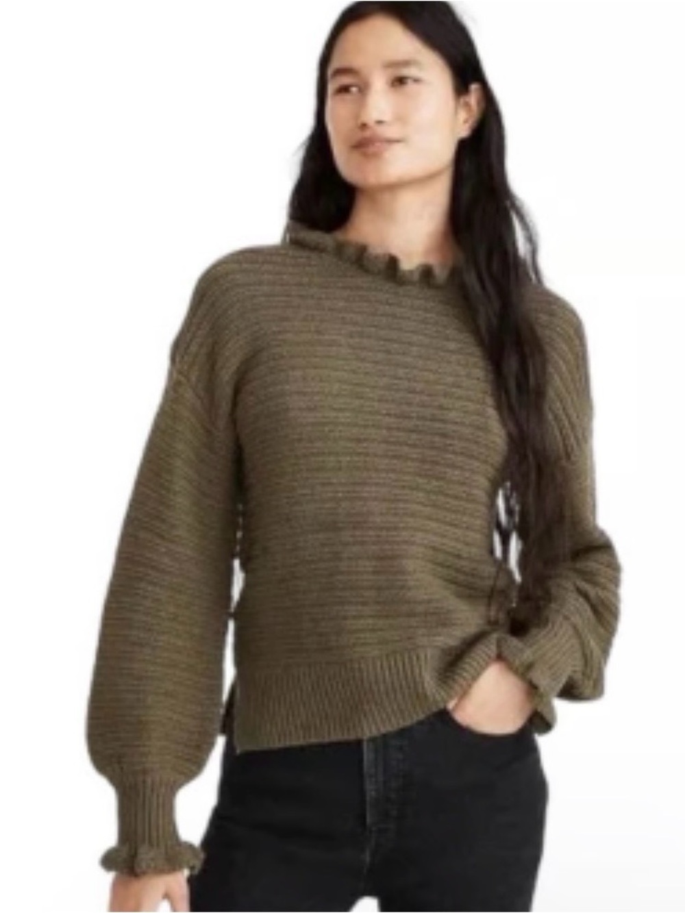 Madewell Olive Ribbed Ruffle-Neck Sweater - Picture 7 of 7